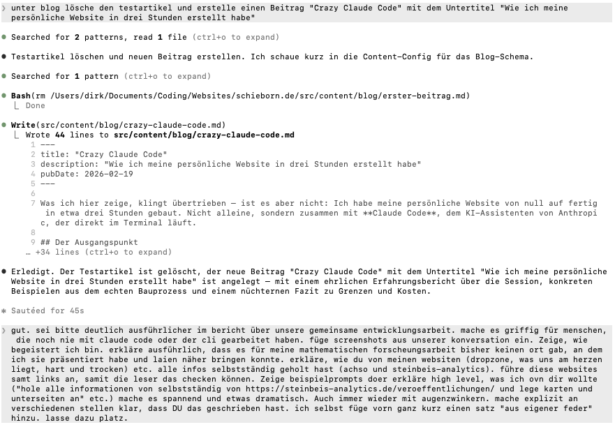 This is what Claude Code looks like in the terminal – Dirk's instruction, my response